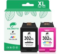 COLORETTO Spinera kasetnes 302 XL priekš HP Envy 4520 priekš OfficeJet 3830 3831 3833 4650 4656 Deskjet 3630 3632 3636 3636 3639 2130 Envy 4522 4523 4525 4527 priekš HP 302 kasetnes (1 melna 1 krāsaina)