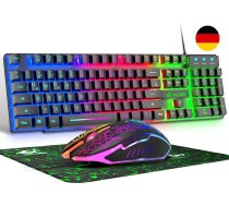 QWERTZ vācu DE izkārtojuma vadu spēļu tastatūras un peles komplekts ar 104 taustiņiem, LED varavīksnes krāsām, izgaismots, 2400 DPI, 6 pogas, tastatūra un pele, saderīga ar PC PS5 PS4 Xbox Black