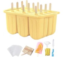 Popsicle veidņu komplekts, 12 dobumu mājas ledus kubiņu paplātes, silikona saldētavas veidnes ar 50 popsicles, 50 popsicle maisiņiem, 50 lentēm, piltuvēm, receptēm un birstēm (dzeltena)
