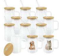 YOUKE OLA 12 gab. sublimācijas stikla krūzes ar rokturi, matētas sublimācijas drukas tukšas alus skārdenes ar bambusa vāku un salmiņu, 16 oz, 12PC16OZ