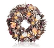 COM-FOUR® LED durvju vainags ar taimeri - Adventes vainags ar LED apgaismojumu, priežu čiekuriem un rozā ziediem - Ziemassvētku rotājums - Ziemassvētku vainags ar 12 silti baltām LED diodēm