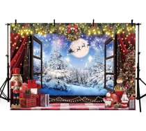 MEHOFOND 7x5ft Ziemassvētku fona Ziemas sniega skatuves logu fotogrāfiju fona Ziemassvētku vainags Ziemassvētku eglīte rotaļlietu lelle dekori Ģimenes puse foto rekvizīti