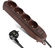 FISHTEC - Strāvas sloksne 4 rozetes - Koka raksts - Slēdzis - Strāvas vada garums 1,5 m - Brūna strāvas sloksne mājai, birojam, guļamistabai - Kabelis 1mm² - CE un NF standarti - Koka efekts