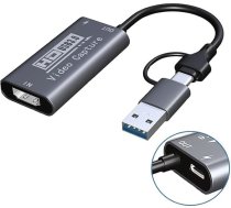 USB 3.0 video uztveršanas karte ar 100 W PD - HDMI uz USB-A/C uztveršanas karte 1440P 30fps un 1080P 60fps video uztveršanas ierīce straumēšanai, spēļu ierakstīšanai, saderīga ar Quest 3, Switch, PS4/PS5
