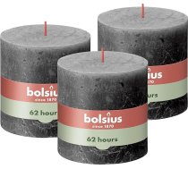 Bolsius Rustik Pillar Candle XXL, antracīta krāsā, 3 gabali, 10 x 10 cm, dekoratīvās mājas sveces, degšanas laiks 62 stundas, bez aromāta, satur dabīgo augu vasku, bez palmu eļļas