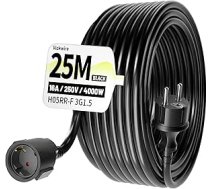 Āra pagarinājuma kabelis, 25 m gumijas kabelis ar aizsargkontaktu kontaktdakšu, ārējais kabelis ar aizsargvāciņu, 16 A/250 V, melns, H05RR-F 3G 1,5 mm², IP44