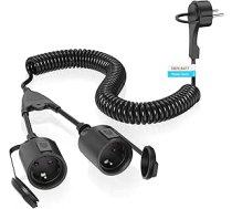 Pagarinātājs, spirālveida kabelis, IP20 pagarinātājs, ūdensizturīgs, 1 līdz 2 aizsargkontaktu spirālveida kabelis, stiepjams no 3M Max, pagarinātājs ar 2 Schuko ligzdām (250 V/16 A, melns)