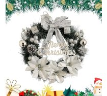 Warmiehomy Ziemassvētku vainags Durvju vainags 30 cm, Ziemassvētku vainags Mākslīgais sienu vainags Ziemassvētki ar loku & Baubles & Ziedi durvīm Logu Kamīna Ziemassvētku rotājumi Sudrabs