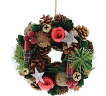 Festive Productions 18 cm Ziemassvētku vainags - dabīgi priežu čiekuri, auduma lentīte un sudraba zvaigznes - Ziemassvētku rotājumi, kas lieliski noderēs durvīm, eglēm un mājai - dekoratīvs vainags