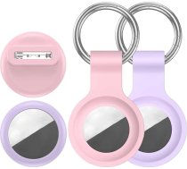 4 Stück Hülle kompatibel mit Apple AirTag Halter, 2 Schlüsselanhänger + 2 sichere Schutzfolien in Pin-Stil, langlebiges Silikon, Anti-Verlust, stoßfest, GPS-Abdeckung für Kinder (Pink/Purple)