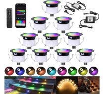 10 WiFi inteliģentās LED iebūvētās grīdas lampas RGBIC + silti baltas LED grīdas prožektori Daudzkrāsains izgaismošanas efekts Terases apgaismojums Darbojas ar Alexa, Google Home, DC12V Diametrs 31 mm IP67 Ūdensizturīgs