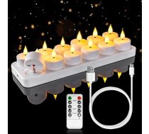 Homemory LED 12 tējas gaismas uzlādējamas ar tālvadības pults uzlādes staciju, uzlādējamas LED tējas gaismas sveces ar taimeri, kas mirgo ar taimeri ballīšu istabai Helovīna Ziemassvētku dekorēšanai