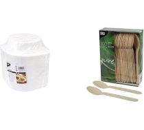 PAPSTAR zupas bļodas, 500 ml, baltas, 100 gab. iepakojumā un koka karotes/ vienreizlietojamās karotes, 15,7 cm garas, izgatavotas no dabīga gaiša bērza koka, paredzētas grilēšanai un dzimšanas dienām, izturīgas, vienreizlietojamas