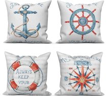 ASDCXZ Jūras spilvenu pārvalks 50 x 50 cm komplekts 4 sarkani zils enkurs kompass buru laivas balts dīvāns Dekoratīvie spilvenu pārvalki spilvenu pārvalki mazgājams poliestera linu tekstilmateriāls āra spilvendrānas spilvens spilvens