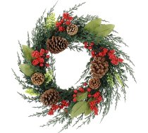 Zavothy Durvju vainags Ziemassvētki 50 cm, Ziemassvētku vainags, Mākslīgais vainags ar priežu čiekuriem un Ziemassvētku rotājumiem, Adventes vainags, Ziemassvētku rotājums, Ziemassvētku rotājums, Durvju rotājums, Tumši zaļš un sarkans