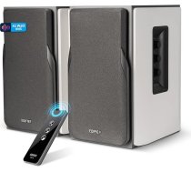 EDIFIER Studio R1380T 2.0 plauktu skaļruņu sistēma (42 Watt) īsta koka korpusā (MDF). Divi LINE IN porti. Infrasarkanā tālvadības pults un sānu regulatori basiem, augstumiem un skaļumam.