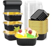 Alumīnija folijas cepšanas trauciņi, 50 150 ml kvadrātveida mini cepšanas trauciņu iepakojums, mini kūkas ar vāciņiem, alumīnija folijas kūkas veidnes ar 50 karotītēm, kūkām, smalkmaizītēm (melns)