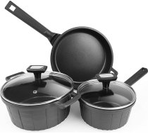 5 gab. katlu komplekts, ieskaitot pannas visām plītīm, tostarp 20 cm / 2,5 l katls un 16 cm / 1,5 l panna ar stikla vāku, 24 cm panna, nesadalāms pārklājums (nesatur PFOS, PFOA)