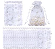 Soleeya organzas maisiņi 7 x 9 cm ar sniegpārsliņu rakstu Mazs dāvanu juvelierizstrādājumu maisiņš ar aukliņu Piemēroti dāvanu maisiņi Ziemassvētkiem, kāzām, 200 gab. iepakojums