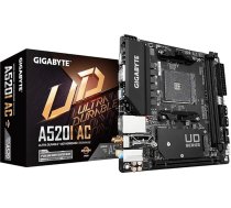 GIGABYTE A520I AC pamatplate - atbalsta AMD Ryzen 5000 sērijas AM4 procesorus, 6 fāžu digitālais VRM, līdz 5300 MHz DDR4 (OC), 1xPCIe 3.0 M.2, WIFI, GbE LAN, USB 3.2 Gen1
