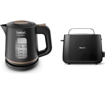 Tefal KI5338 Tostarp tējkanna | 1L | Neslīdošs rokturis | Ūdens līmeņa indikators | 360° rotējoša pamatne | Melna/mēda un tosteris Philips HD2581/90, integrēts bulciņu piederums, 8 brūnināšanas līmeņi, melns