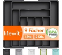 Lifewit galda piederumu paliktnis atvilktnei, regulējams galda piederumu turētājs, plastmasas galda piederumu statīvs, platums no 33 līdz 57 cm, piederumu turētājs virtuvē, dziļums 38 cm, virtuves organizators karotēm/dakšām, melns