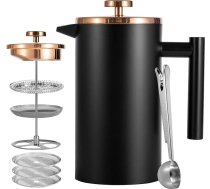 Worbic Cafetiere franču preses kafijas automāts, 1000 ml/963,9 g, dubultā izolācija, nerūsējošais tērauds, 3 pakāpju filtra sistēma, franču preses automāts mājām, kempingiem un birojam, melns
