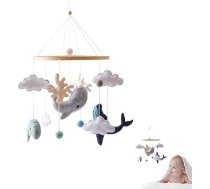 Promise Babe Mobile Baby Jūras dzīvnieki ar filca bumbiņām, bērnu istabas dzīvnieku delfīni vaļi Koka tamborēti mobilie jaundzimušo zēns meitene mākoņi dzīvnieki Gultas zvans piekariņš Bērnu gultiņa gultiņa maiņas galda apdare