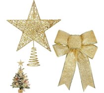 AYNKH Maza zelta Ziemassvētku eglīšu rotājumi Glitter Mini zvaigžņu eglītes kronis ar Ziemassvētku eglītes dekoratīvo loku, metāla Ziemassvētku mazā zvaigzne Ziemassvētku eglītes rotājumu augšdaļai 20 cm / 4,7 collas