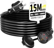 Vickwire gumijas pagarinātājs 15 m ārējais kabelis Kabeļa pagarinātājs ar aizsargkontaktu kontaktdakšu Schuko pagarinātājs 16 A/250 V, melns, H05RR-F 3G 1,5 mm²