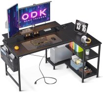 Spēļu galds L forma, 120 x 80 cm, L formas rakstāmgalds ar plauktu, stūra rakstāmgalds ar USB uzlādes portu un kontaktligzdu, stūra galds ar monitora statīvu birojam, mājas birojam, melns