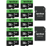 Aretop Micro SD karte 8 GB, 10 atmiņas kartes, Micro SD + 2 adapteri, UHS-I, U1, C10, Full HD video ierakstīšana, Micro SD atmiņas karte kamerai/ viedtālrunim/dronam/kamera, līdz 80 MB/s