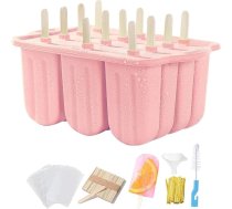 Popsicle veidņu komplekts, 12 dobumu mājas ledus veidnes, silikona saldētavas veidnes ar 50 popsicle kociņiem, 50 popsicle maisiņiem, 50 lentēm, piltuves receptēm un birstīti (Pin k)
