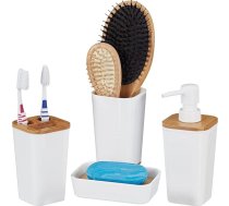 Relaxdays vannas istabas piederumu komplekts, 4 daļas, moderns, zobu sukas trauks, ziepju trauks un ziepju dozators, plastmasas un bambusa, balts, 17,5 x 7 x 7 cm