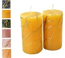 Adventes sveces ar zelta rakstu - 2 gabaliņi - Rustikāla virsma - Sveces/Pilvenu sveces - Ziemassvētki/Kristīgo vainags/Adventes vainags (sinepes, augstums: 11 cm / diametrs 6 cm - 2 gabaliņi)