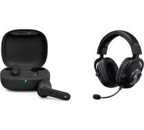JBL Wave Flex bezvadu austiņas ar IP54 un IPX2 ūdensizturību - melnas un Logitech G PRO X Gamer austiņas ar zilu VO!CE mikrofonu
