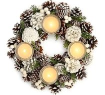 COM-FOUR® Ziemassvētku galda vainags, balts adventes vainags ar čiekuriem, dekoratīvs vainags ar 4 tējas gaismas turētājiem, Ziemassvētku vainags ar sveču turētāju (Adventes vainags L)