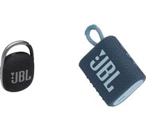 JBL Clip 4 Bluetooth skaļrunis melnā krāsā - ūdensnecaurlaidīgs, pārnēsājams mūzikas skaļrunis ar praktisku karabīni un GO 3 neliela Bluetooth skaļruņa modulis zilā krāsā, 1 gab. iepakojumā
