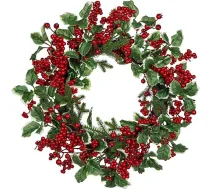 Hollyone 45 cm Ziemassvētku vainags Durvju vainags Ziemassvētku rotājums, mākslīgais vainags ar sarkanām ogām un Holly lapām, ziemas vainags ārtelpām, logiem, mājām, svētku rotājumiem