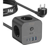 70 W USB-C lādētājs, 7-in-1 kontaktligzdas kuba ar slēdzi, 3 m ligzda ar USB ātro uzlādi, saderīgs ar iPhone 17/Pro/Pro Max/16/15, MacBook Air, iPad, Pixel, Galaxy, klēpjdatoru