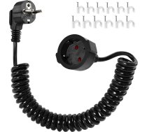Spirālveida pagarinātājs, 2 m Spirālveida pagarinātājs ar iezemēšanas kontaktiem, 0,6 m līdz 2 m, stiepjams Spirālveida pagarinātājs ar savienotāju 230 V/16 A mājai, birojam, ārtelpai, melns, melns