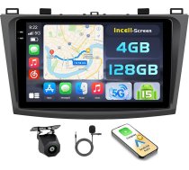 Android 15 4+128G auto radio priekš Mazda 3 2009-2013 ar 9 collu skārienekrānu, 2DIN auto radio ar bezvadu Carplay Android Car, FM/RDS radio BT GPS WiFi atpakaļgaitas kamera + mikrofons