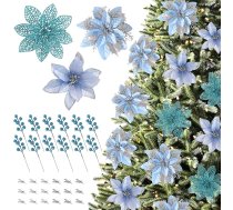 30 gabali Puansetijas Ziemassvētku rotājumi 3 veidu Ziemassvētku eglīšu ziedi, zilas puansetijas mākslīgie spīduma ziedi mājas DIY Ziemassvētku vainags Holiday Party (Sky Blue)
