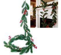 6ft Ziemassvētku vainags Sarkanās ogas Zaļo augu vainags Jaungada ziemas Ziemassvētku rotājumi