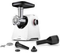 Bosch MultiPower MFWS607W 6. sērijas gaļasmašīna, 2 perforēti diski (4,5 un 8 mm), nerūsējošais tērauds, var mazgāt trauku mazgājamā mašīnā, Kebbe un desu piederums, motora bloka jauda 2100 W, balta