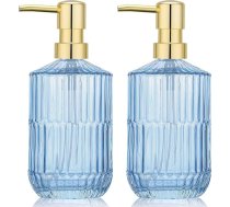 Segus dušas želejas dozators, 2 gab., 450 ml stikla rokas ziepju dozators, tukša sūkņa pudele, atkārtoti uzpildāma un droša pret noplūdi, zils vannas istabas piederums (ar zelta sūkņa galvu)