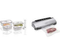 CASO VacuBoxx E-Set - 4 īpaši stabili kvadrātveida vakuuma trauki un vakuumizlādes tvertne VC10 - vakuumizlādes tvertne, pārtikas produkti saglabājas svaigi līdz pat 8x ilgāk - 30 cm gara un stabila metinājuma šuve