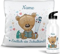 Dāvanu komplekts ar dzeramo pudeli un spilvenu - Beidzot skolas bērns - Skolas zēniem - Personalizēt ar vārdu pēc izvēles - Skolas dāvana - Spilvens balts, pūkains - Pudele balta, 600 ml