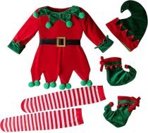 Bērnu elastīgās jostas apģērbu komplekts toddler bērnu zēnu zēni meitenes Santa Velvet garām piedurknēm Ziemassvētku kleita + svītrainas zeķes + Ziemassvētku cepure + apavi 4 gab. komplekti