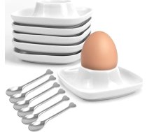 KXVXXV 6 keramikas olu kausu komplekts Porcelāna baltās baltās kvadrātveida olu kausi, ko var sakraut kopā ar 6 x karotēm ar plauktu olu statīvu olu kauss
